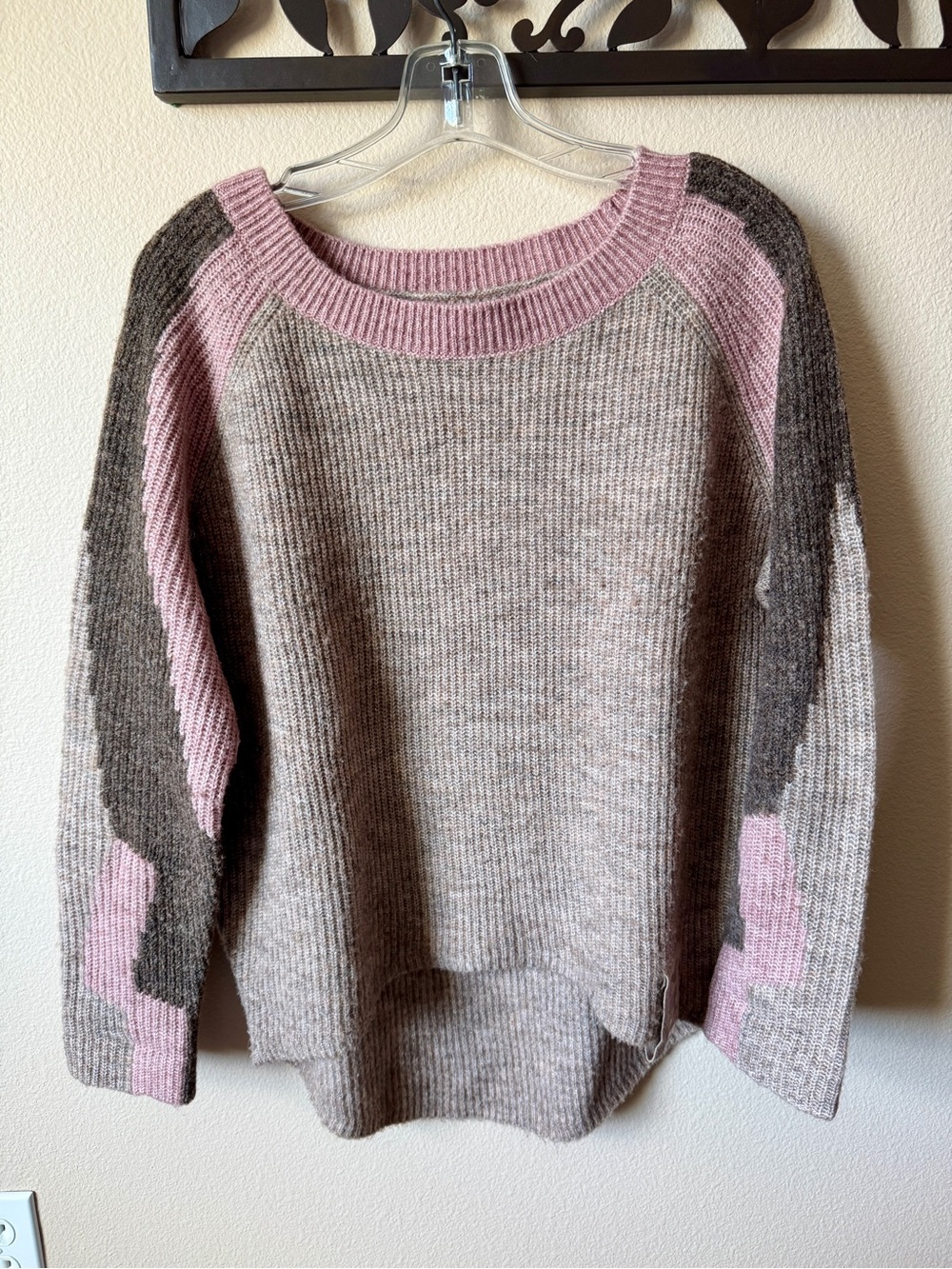 Pink and Khaki Colorblock Crewneck Sweater